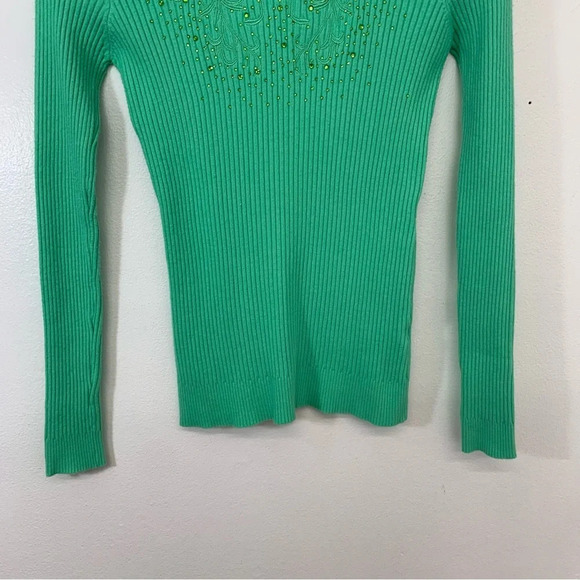 Chao Sheng Cashmere Blend Sweater  Woman Large Green Rib Knit Beads Scallop Neck - Picture 4 of 10